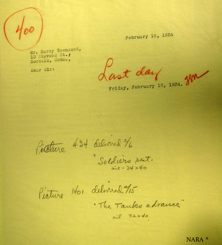 PWAP record for art received Harry Townsend, with titles and dates Feb. 1934