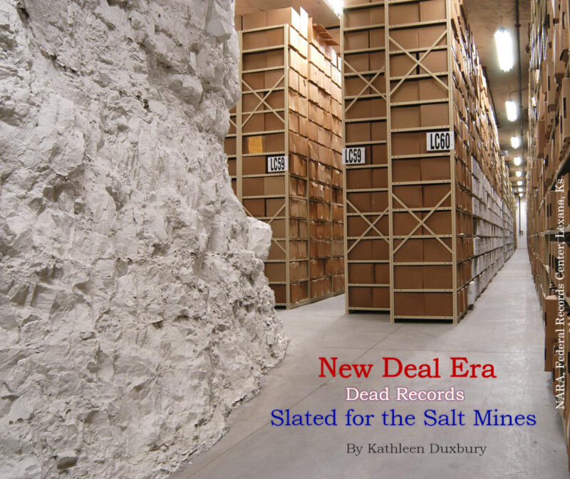 color image of shelves metal with boxes of archived records, left side of image shows the rough carved out limestone walls in Federal Reserve Center salt mines NARA Lexana KS